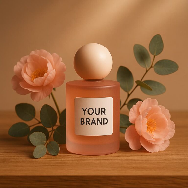 Satu botol parfum dengan label "YOUR BRAND", ditata di atas meja kayu dengan latar dekorasi pita dan mutiara untuk kemasan maklon parfum.