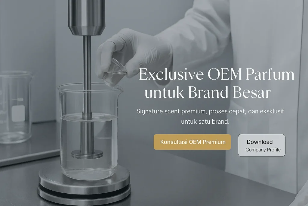 Proses pembuatan parfum OEM premium di laboratorium, menunjukkan mixing beaker dan teknisi untuk produksi parfum brand besar.
